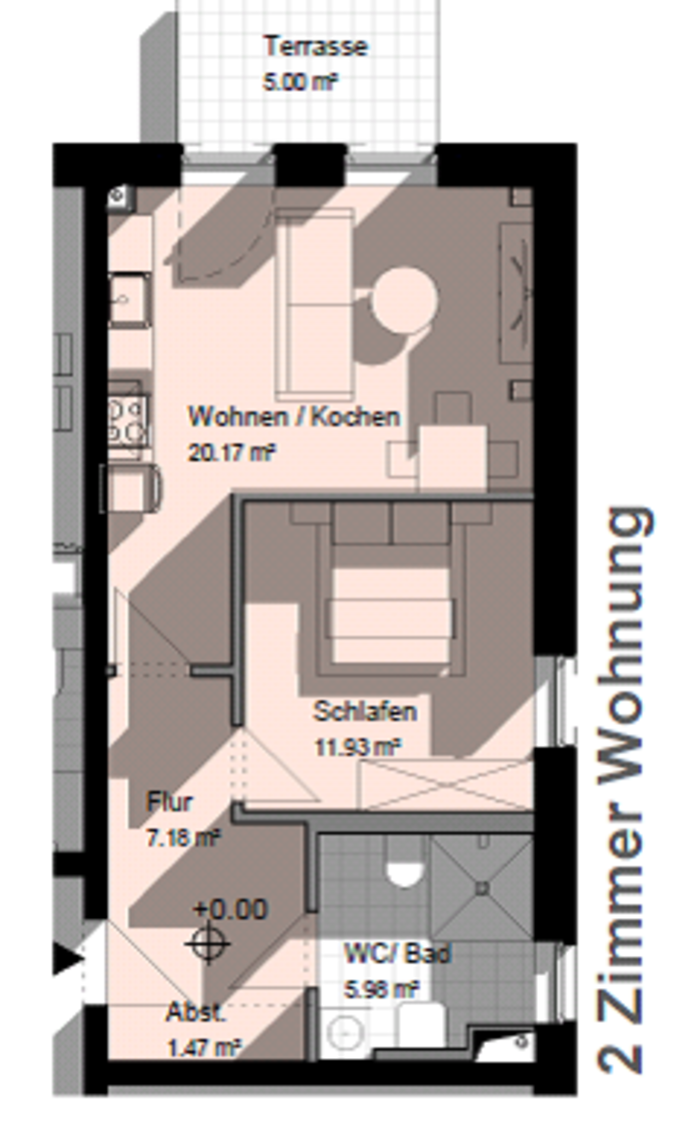 Grundriss einer 2-Zimmer-Wohnung in den Häusern Nr. 8 und Nr. 10
