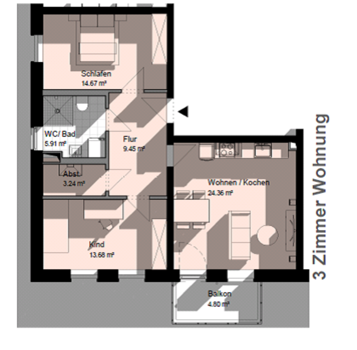 Grundriss einer 3-Zimmer-Wohnung